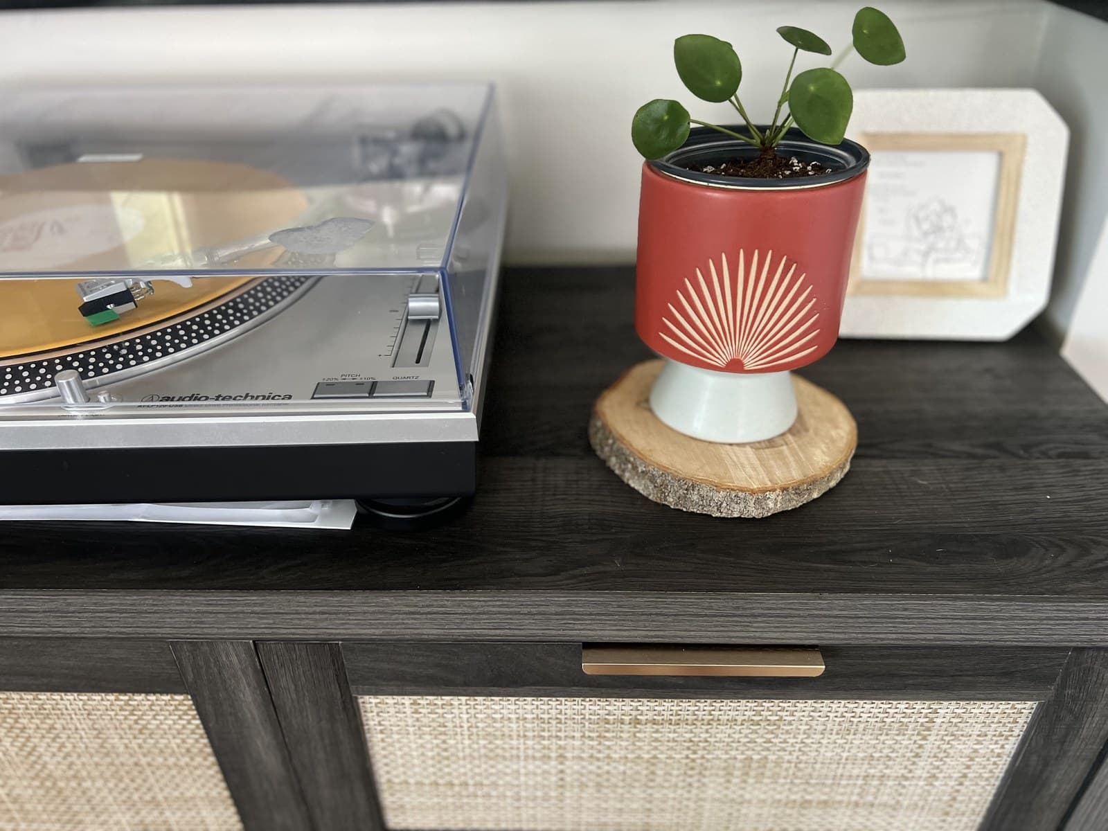 A pilea peperomioides in a red glazed pedestal pot on a wood round, beside a vintage turntable
